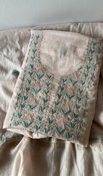 Peach pure mul chanderi kurta piece folded, fine contrast chikankari