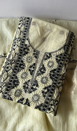 Yellow pure mul chanderi kurta piece folded, fine contrast chikankari