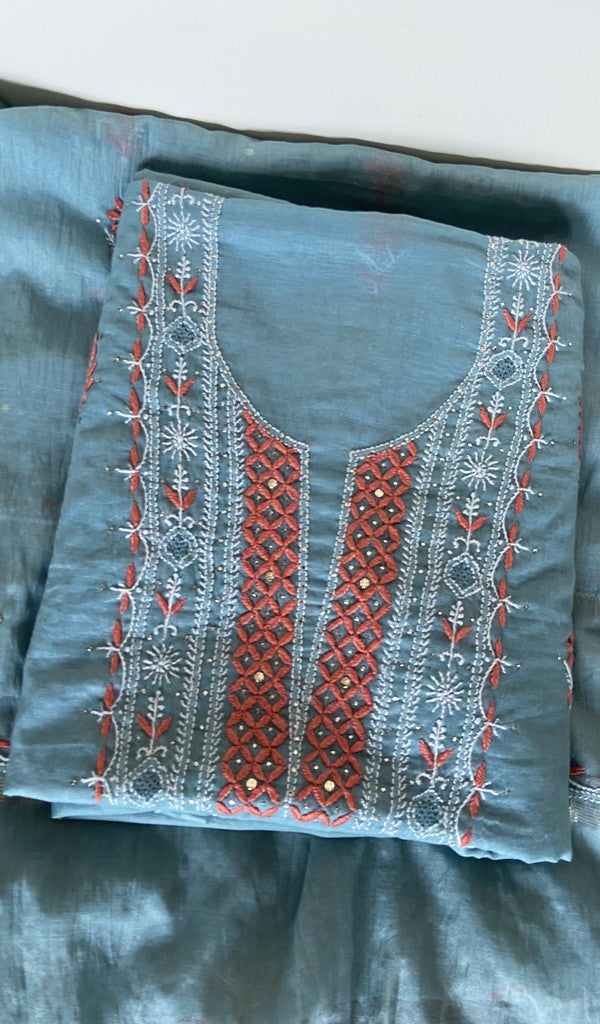 Grey pure mul chanderi kurta piece folded, fine contrast chikankari
