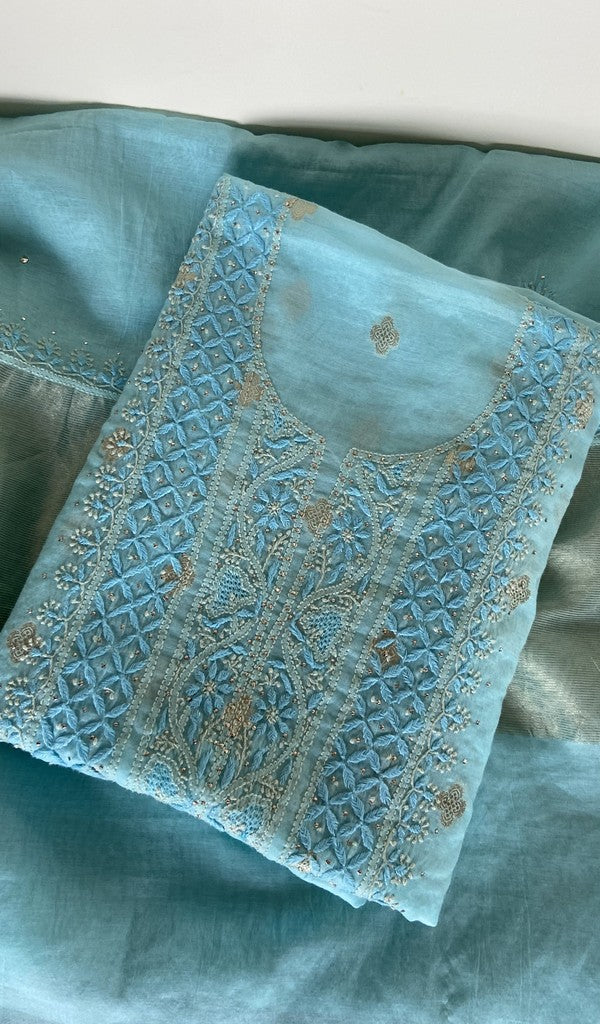 Abeer — Blue Pure Mul Chanderi Blue Thread Chikankari 3 Pc Unstitched Suit Set
