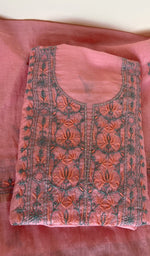 Pink pure mul chanderi kurta piece folded, fine contrast chikankari