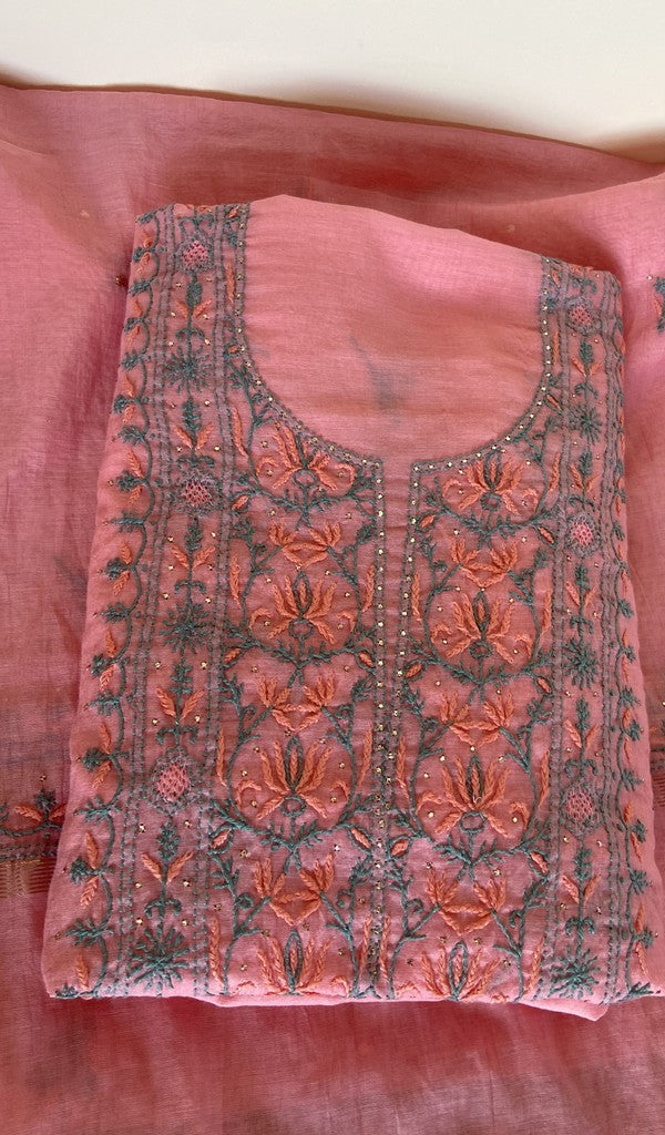 Abeer — Pink Pure Mul Chanderi Peach and Grey Thread Chikankari 3 Pc Unstitched Suit Set