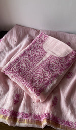 Pink pure mul chanderi kurta piece folded, fine contrast chikankari