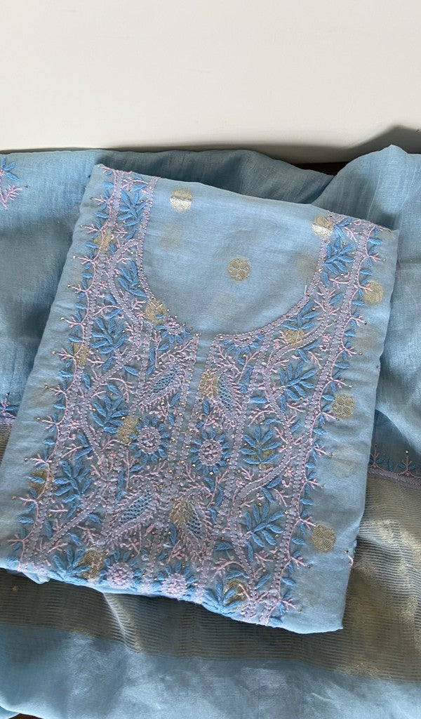 Blue pure mul chanderi kurta piece folded, fine contrast chikankari