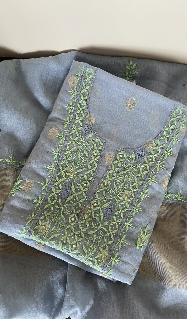 Grey pure mul chanderi kurta piece folded, fine contrast chikankari