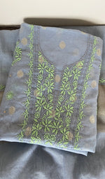 Grey pure mul chanderi kurta piece folded, fine contrast chikankari