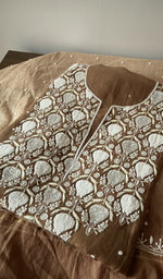 Load image into Gallery viewer, Brown mul chanderi kurta piece folded, badla and mukaish work in view