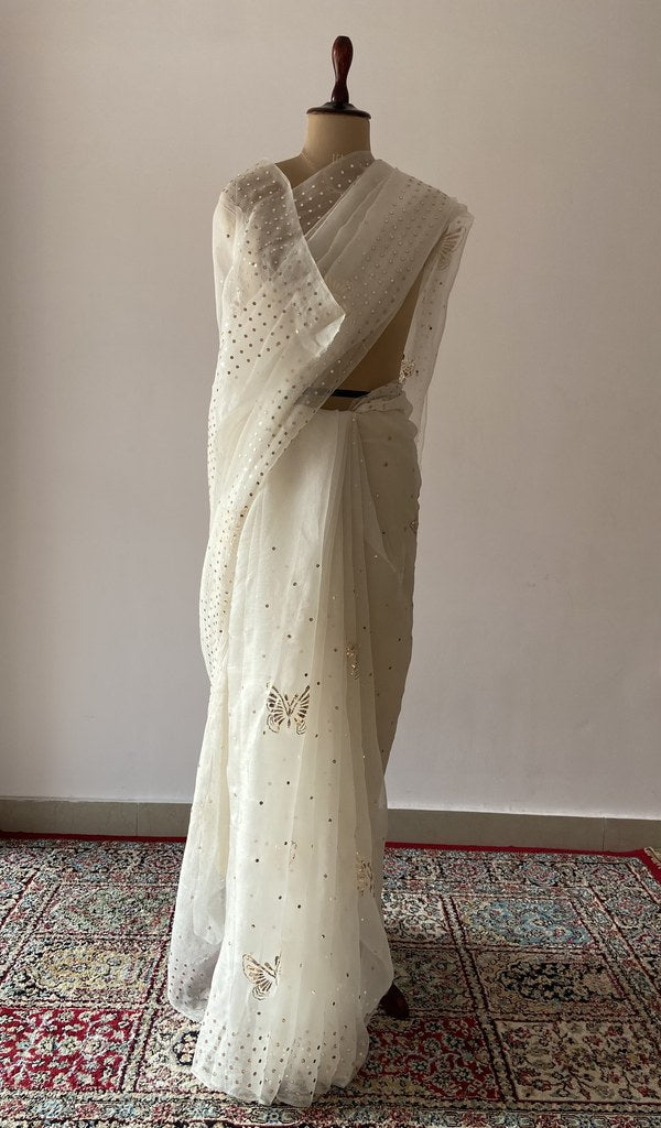 Off White Pure Organza Silk Chikankari Saree — Butterfly Badla