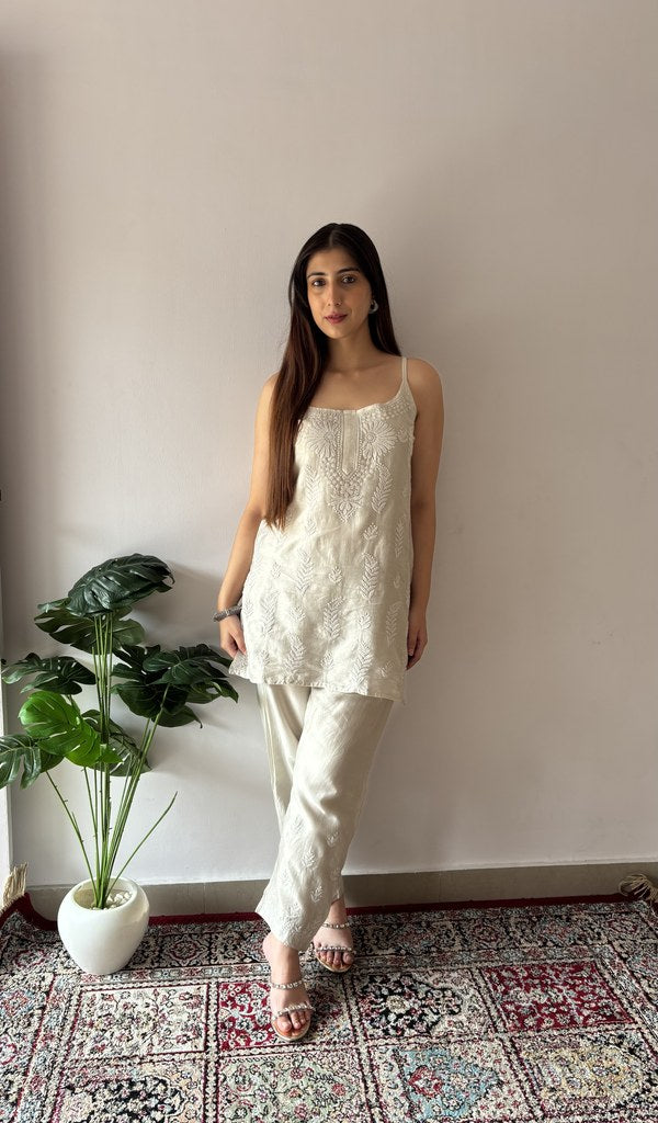 Grey 2 pc stitched co-ord set on the model, full length, front