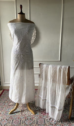 White mul chanderi chikankari 2 pc unstitched suit set laid out