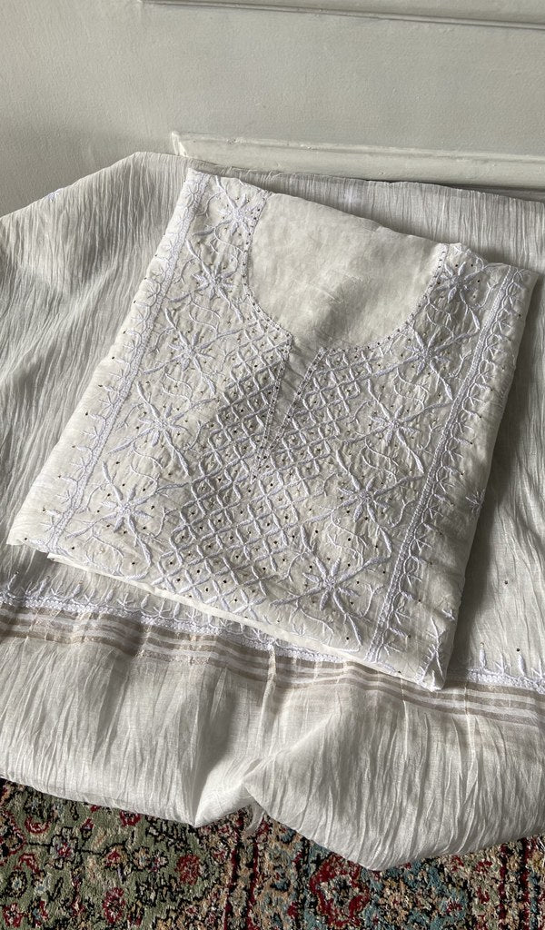 Afreen — White Mul Chanderi Chikankari 2 Pc Unstitched Suit Set