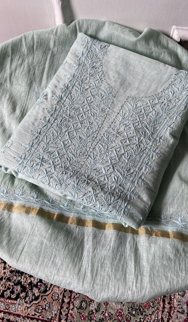 Amna — Aqua Mul Chanderi Chikankari 3 Pc Unstitched Suit Set