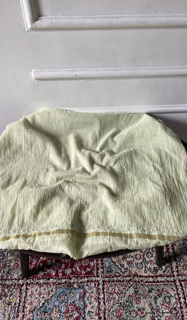 Chikankari across the body of the pale kurta piece