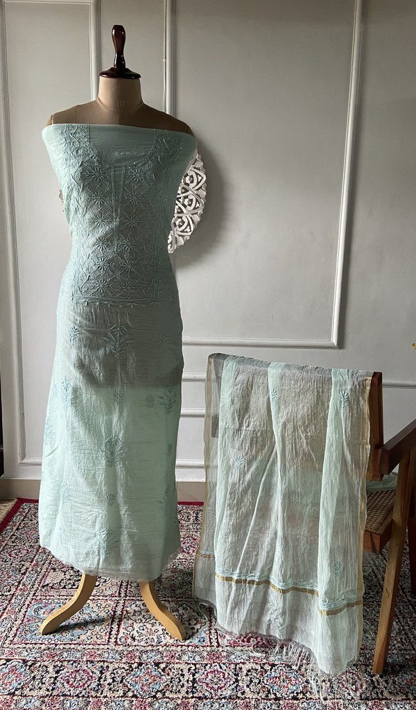 Mint mul chanderi chikankari 3 pc unstitched suit set laid out