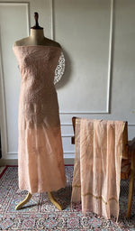 Apricot mul chanderi chikankari 3 pc unstitched suit set laid out