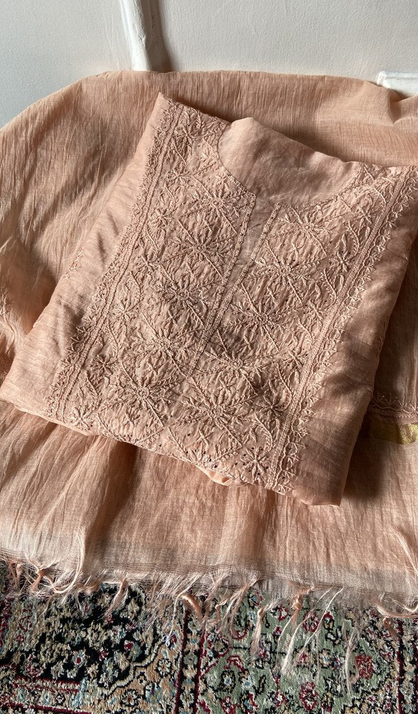 Amna — Apricot Mul Chanderi Chikankari 3 Pc Unstitched Suit Set