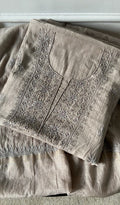 Arisha — Beige Pure Mul Chanderi Chikankari 3 Pc Unstitched Suit Set