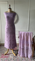 Load image into Gallery viewer, lilac pure mul chanderi chikankari 3 pc unstitched suit set on mannequin