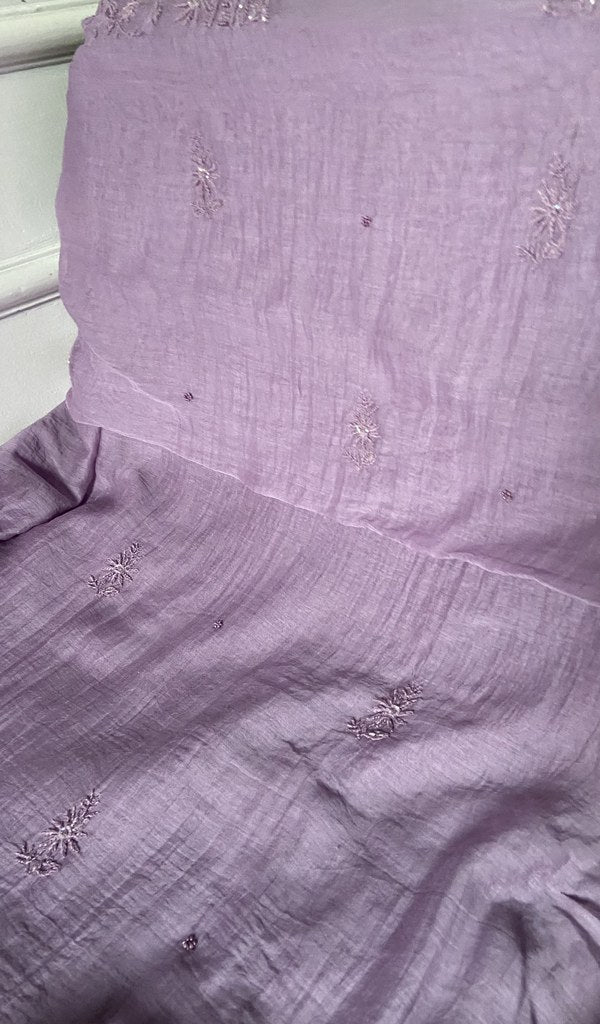 dupatta chikankari detail, lilac pure mul chanderi