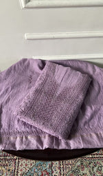 Load image into Gallery viewer, lilac pure mul chanderi chikankari 3 pc unstitched suit set, folded