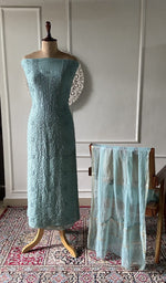 Load image into Gallery viewer, powder blue pure mul chanderi chikankari 3 pc unstitched suit set on mannequin