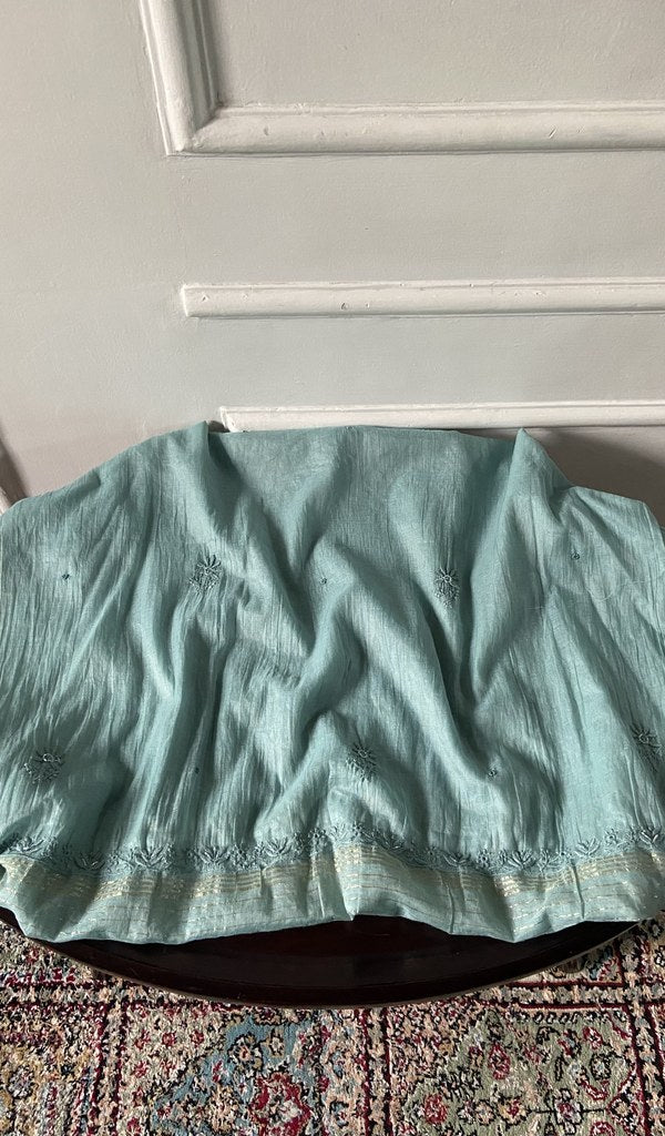 powder blue pure mul chanderi, full piece laid out