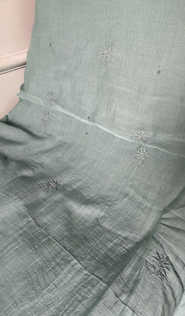 dupatta chikankari detail, powder blue pure mul chanderi