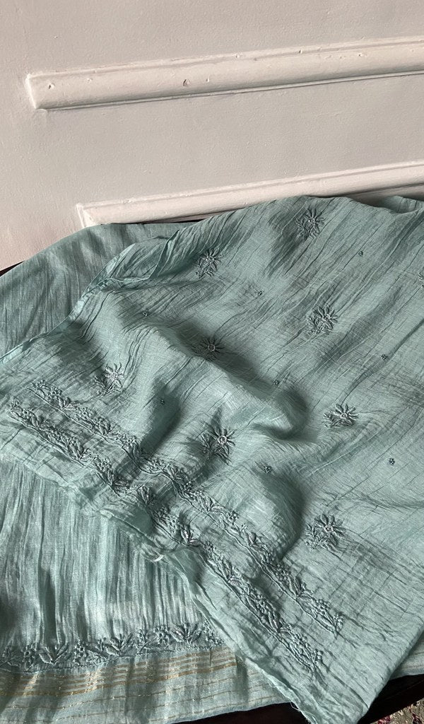 border and hem work on powder blue pure mul chanderi