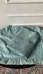 Load image into Gallery viewer, powder blue pure mul chanderi chikankari 3 pc unstitched suit set, folded