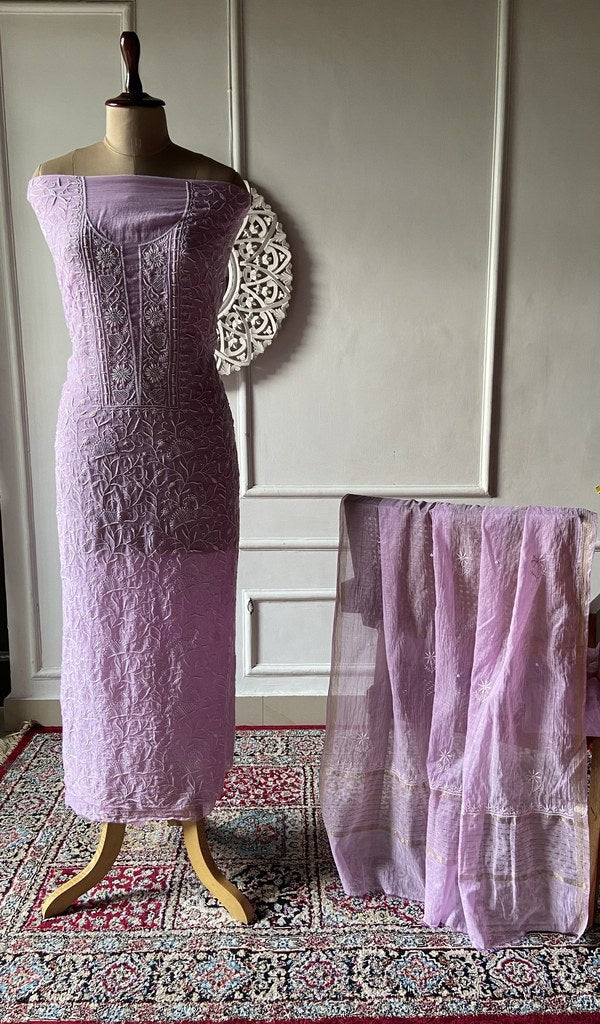 Lilac mul chanderi chikankari 3 pc unstitched suit set laid out