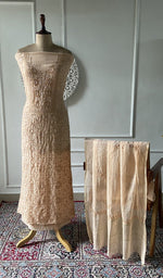 Load image into Gallery viewer, peach pure mul chanderi chikankari 3 pc unstitched suit set on mannequin