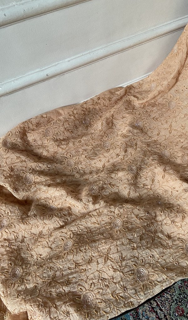 gala and front chikankari on peach pure mul chanderi