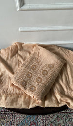 Load image into Gallery viewer, peach pure mul chanderi chikankari 3 pc unstitched suit set, folded