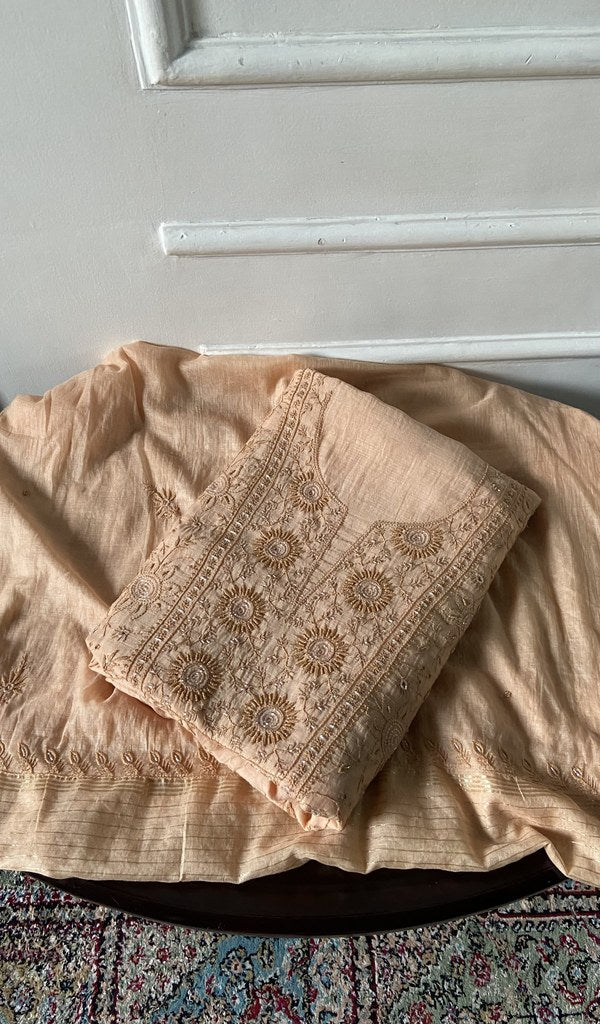 peach pure mul chanderi chikankari 3 pc unstitched suit set, folded