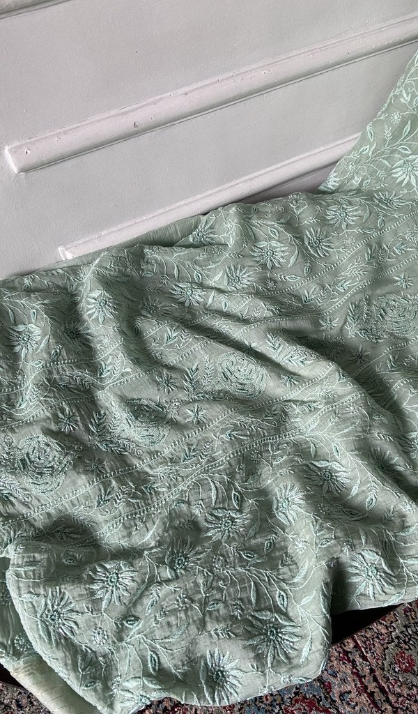 gala and front chikankari on mint green pure mul chanderi