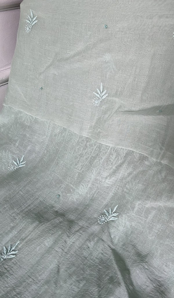 dupatta chikankari detail, mint green pure mul chanderi