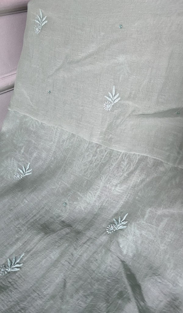 border and hem work on mint green pure mul chanderi
