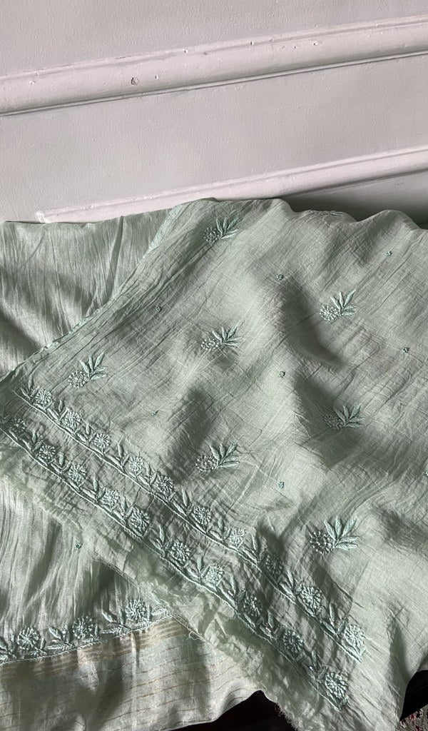 gala and front chikankari on mint green pure mul chanderi