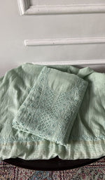 Load image into Gallery viewer, mint green pure mul chanderi chikankari 3 pc unstitched suit set, folded