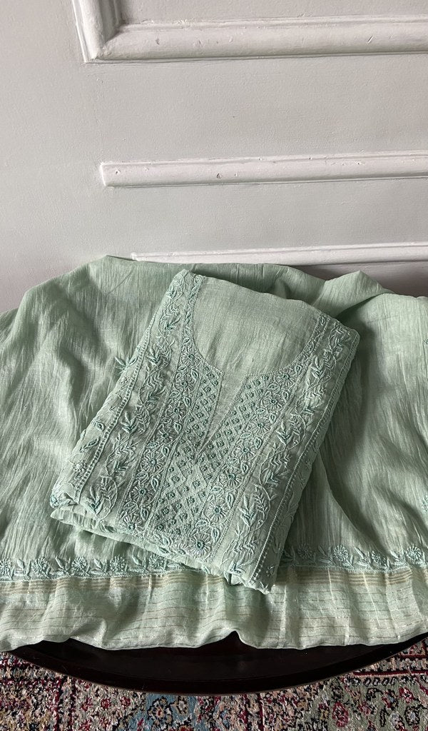 mint green pure mul chanderi chikankari 3 pc unstitched suit set, folded