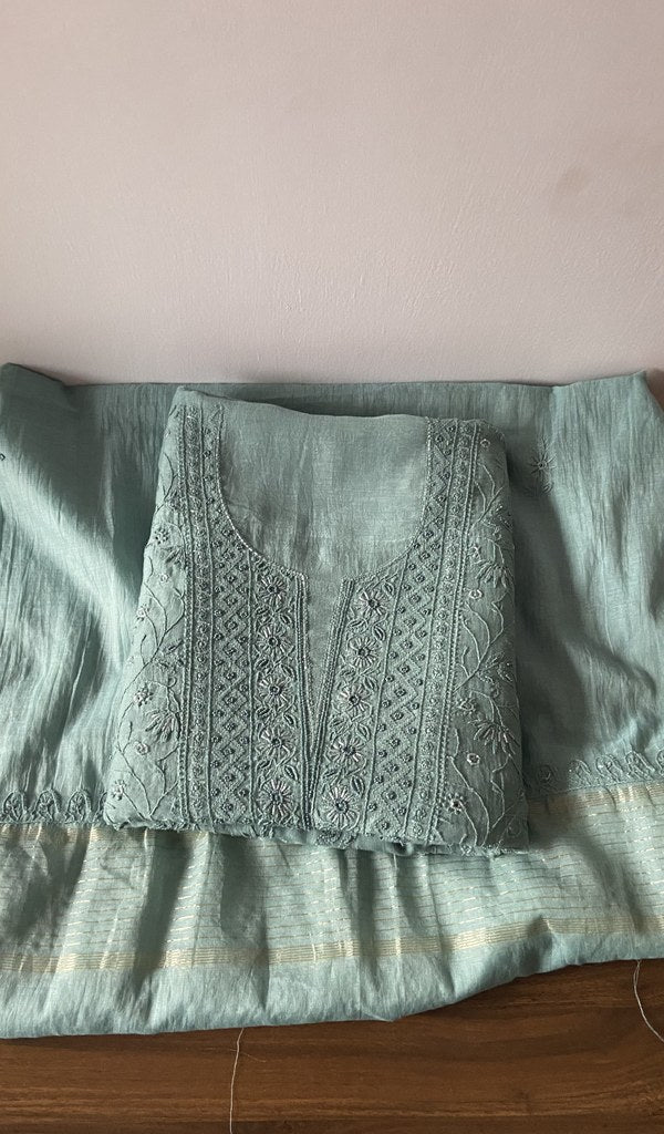 Arwa — Blue Pure Mul Chanderi Chikankari 3 Pc Unstitched Suit Set