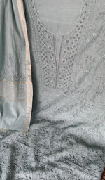 Sleeve work on blue pure mul chanderi