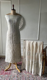Load image into Gallery viewer, ivory pure mul chanderi chikankari 3 pc unstitched suit set on mannequin