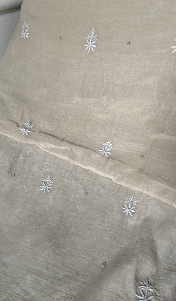dupatta chikankari detail, ivory pure mul chanderi