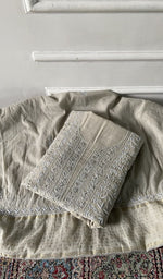 Load image into Gallery viewer, ivory pure mul chanderi chikankari 3 pc unstitched suit set, folded