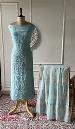 Load image into Gallery viewer, aqua pure mul chanderi chikankari 3 pc unstitched suit set on mannequin