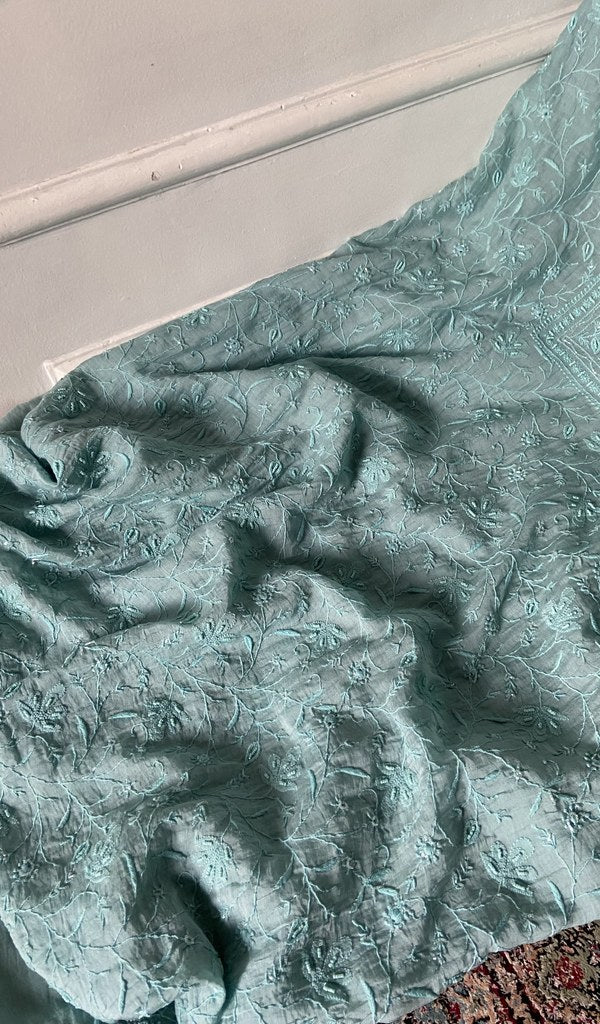 gala and front chikankari on aqua pure mul chanderi
