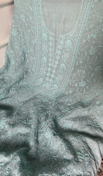 Load image into Gallery viewer, close view of the hand embroidery, aqua pure mul chanderi