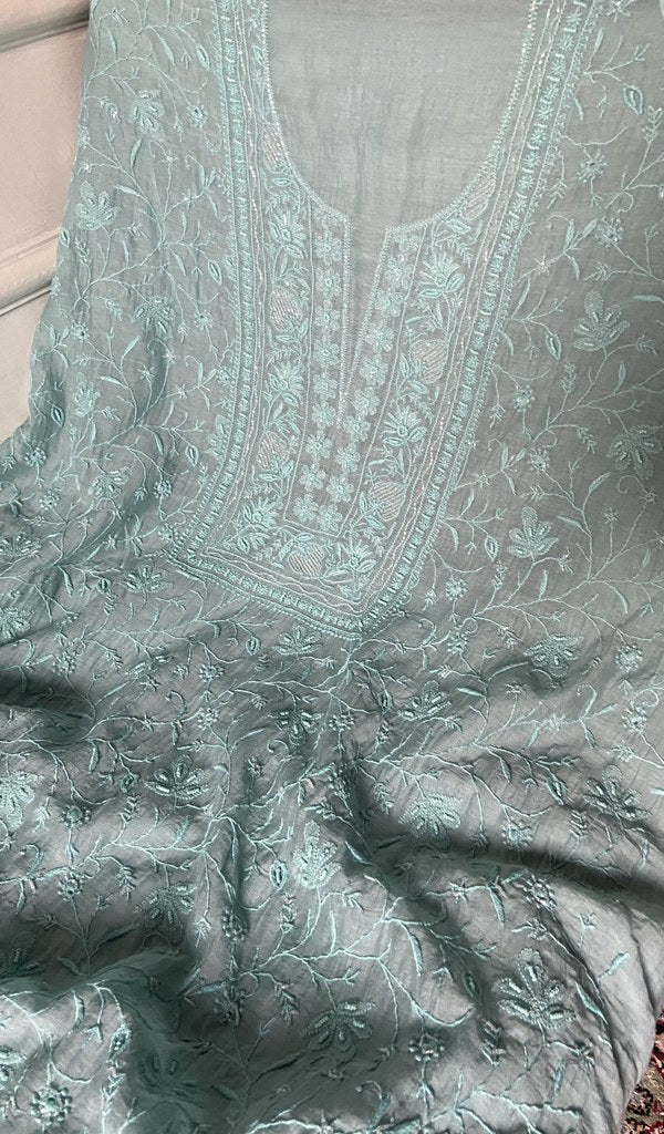 close view of the hand embroidery, aqua pure mul chanderi