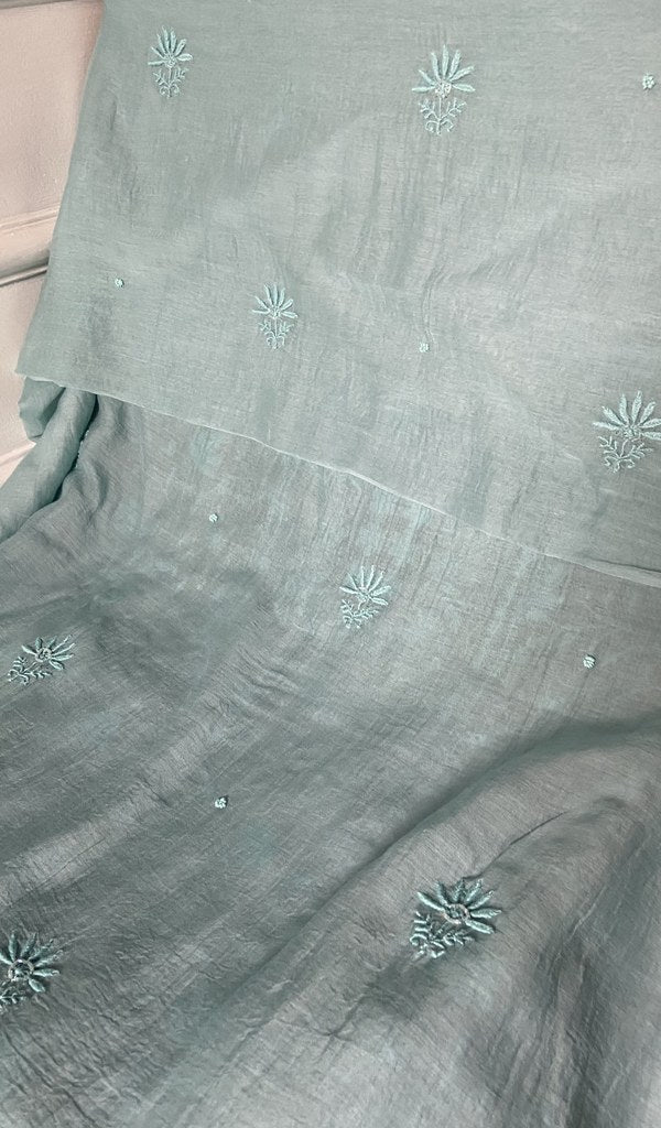 dupatta chikankari detail, aqua pure mul chanderi